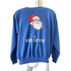 VINTAGE HANES I Believe Santa Cross Stitch Raglan Sweatshirt Hand Made in USA XL